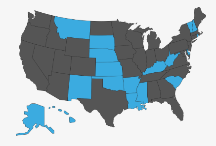 Map of the United States with states that have clinical sites highlighted in blue.